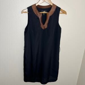 Akiko Black Silk Shift Dress Leather Collar Small